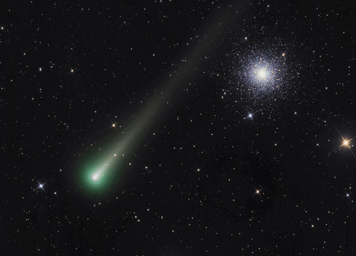 Cometa Leonard passando na direção do aglomerado globular Messier 3