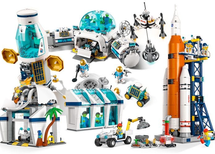 Conteúdo dos conjuntos Rocket Launch Center e Lunar Research Base, da LEGO