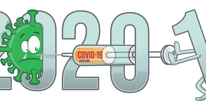Ilustração que mostra o ano de 2021 aplicando uma vacina no SARS-CoV-2