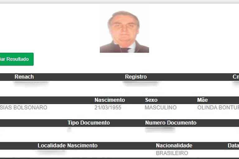 imagem capturada e postada nas redes sociais mostrando como estão sendo apresentados os dados pessoais de Jair Bolsonaro nos painéis