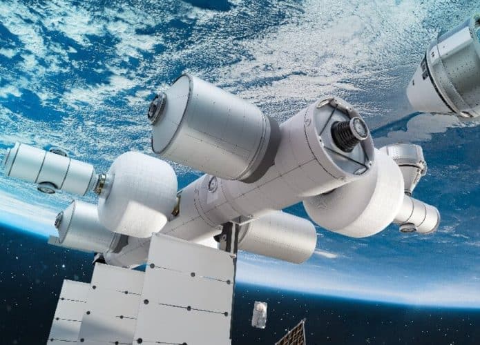 Ilustração da Orbital Reef, estação espacial proposta pela Blue Origin