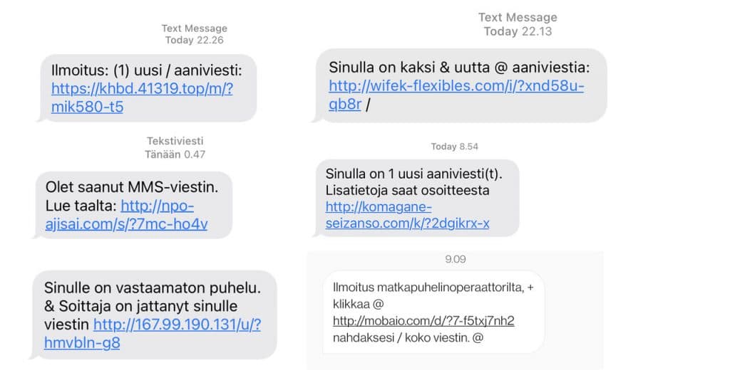 exemplos de texto em finlandês contido nas mensagens de scam