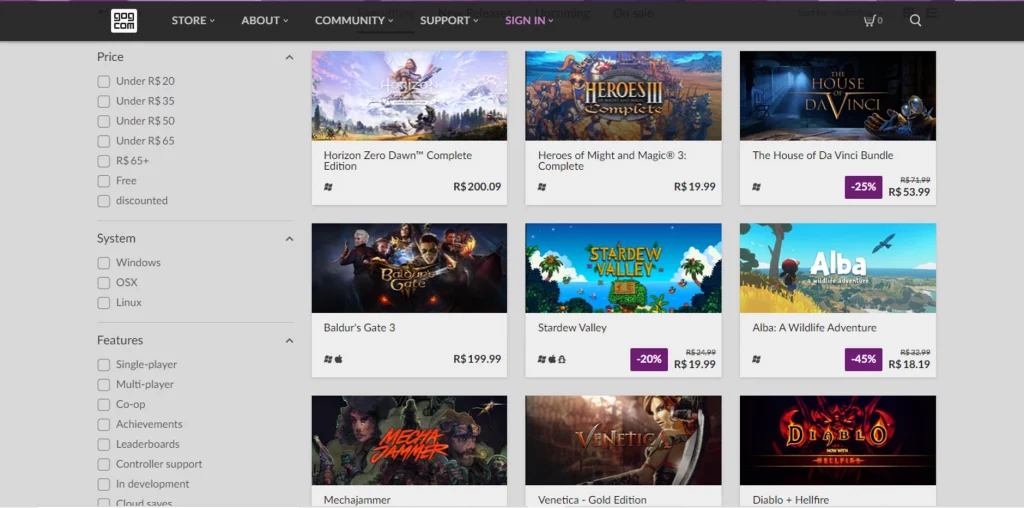 Captura de imagem mostra a home page da loja virtual GOG, para jogos clássicos de PC