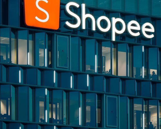 Logotipo da Shopee no prédio da empresa em Singapura