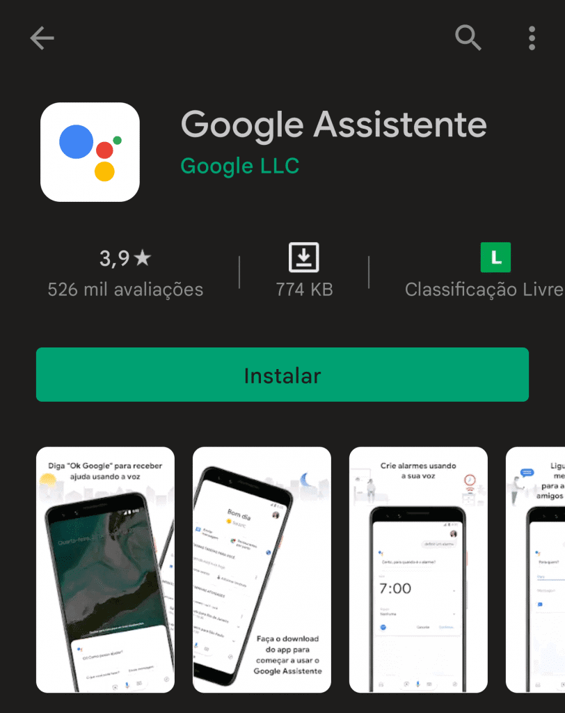 Tela do aplicativo Google Assistente na Google PLay Store.