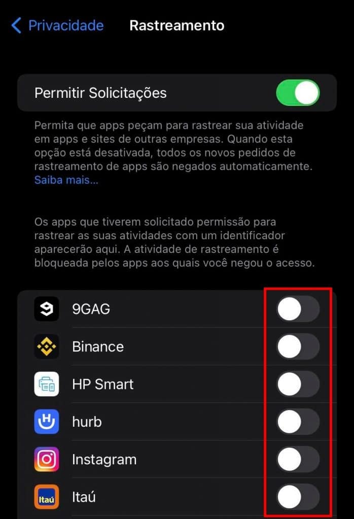 Desativar o rastreamento em aplicativos instalados