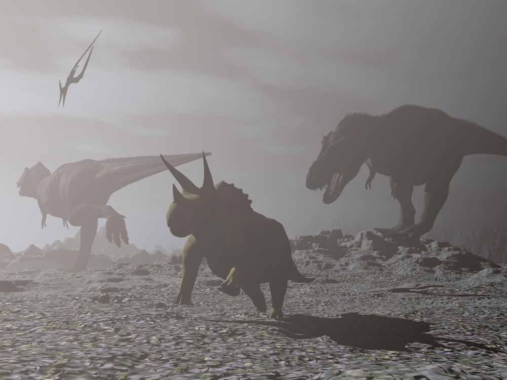 Imagem mostra vários dinossauros correndo enquanto o céu vai ficando escuro devido a impacto com meteoro