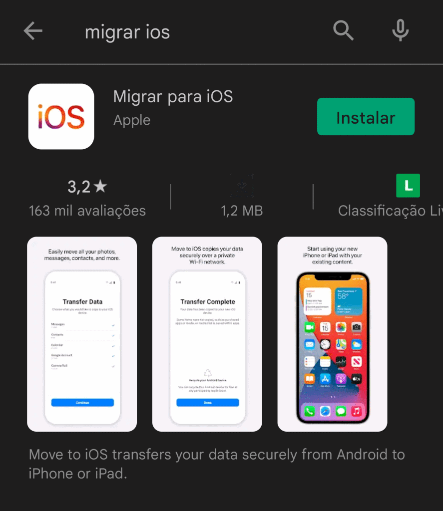 Aplicativo 'Migrar para iOS'.