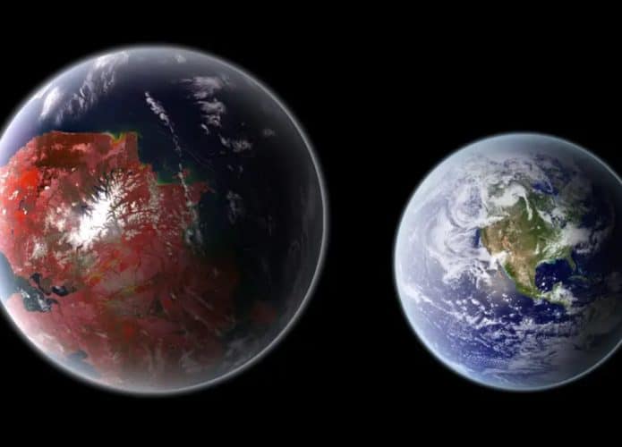 Ilustração do planeta Kepler-442b em comparação à Terra