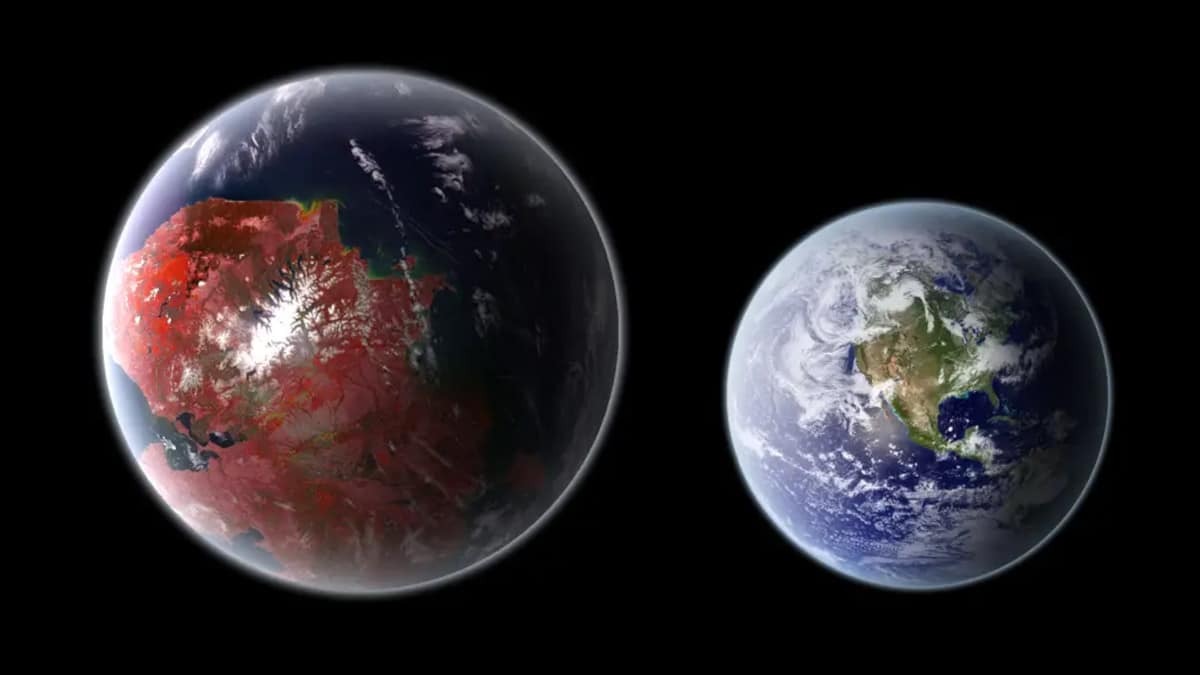 Ilustração do planeta Kepler-442b em comparação à Terra