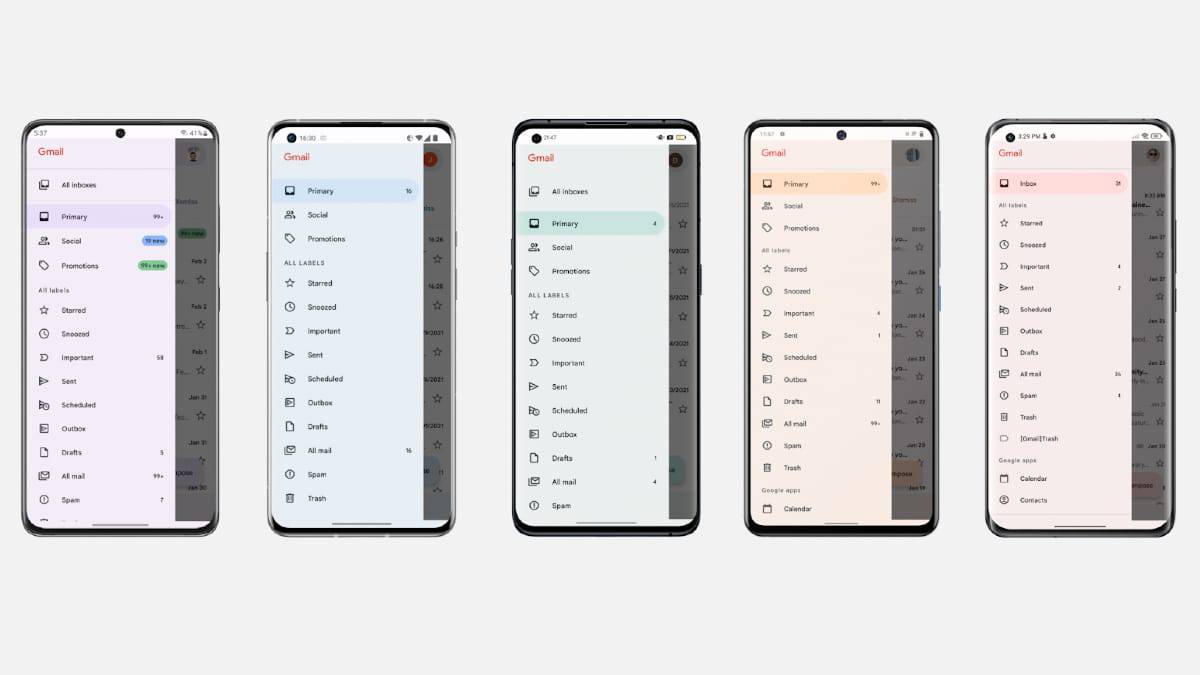 Cores do Material You do Android 12 no app Gmail nos smartphones Galaxy S22, OnePlus 9 Pro, Oppo Find X3 Pro, Vivo iQOO 7 Legend e Xiaomi Mi 11