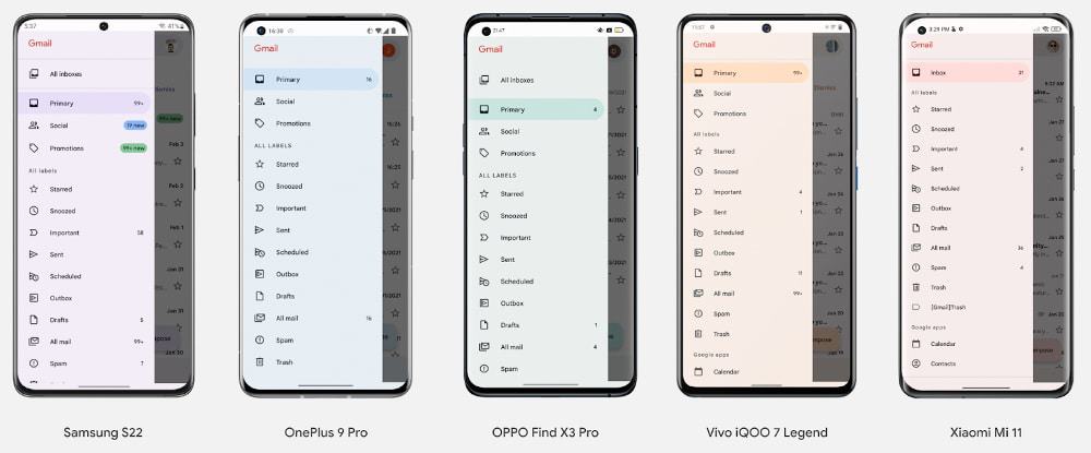 Cores do Material You do Android 12 no app Gmail nos smartphones Galaxy S22, OnePlus 9 Pro, Oppo Find X3 Pro, Vivo iQOO 7 Legend e Xiaomi Mi 11