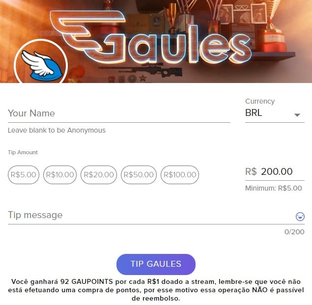 O streamer Gaules usa o Stream Elements para doações dos fãs