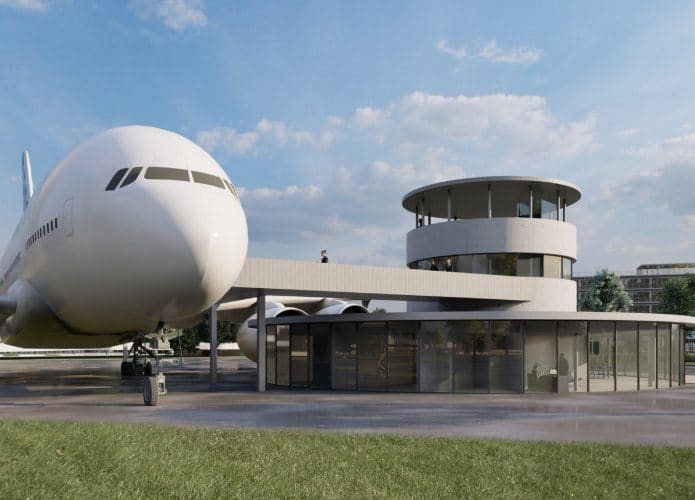 Ilustração do avião Airbus A380 transformado em hotel