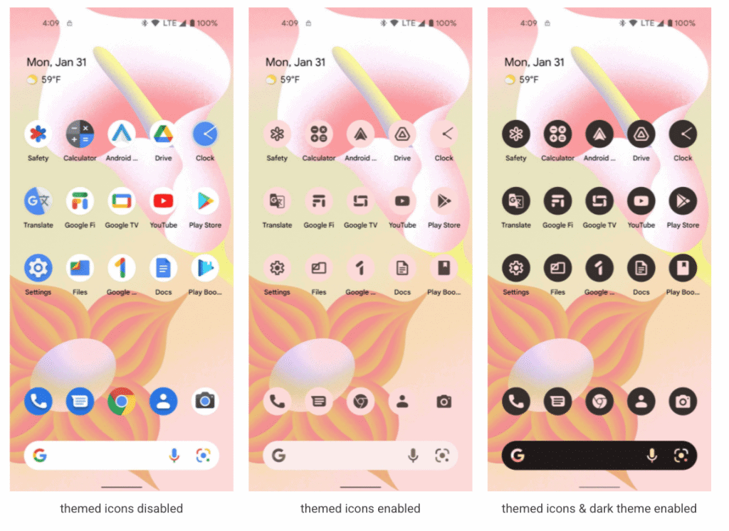 Ícones alterados no Android 13 (Imagem: divulgação/Google)