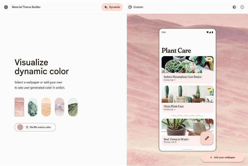 Interface do Material Builder mostrando os ajustes das cores dinâmicas