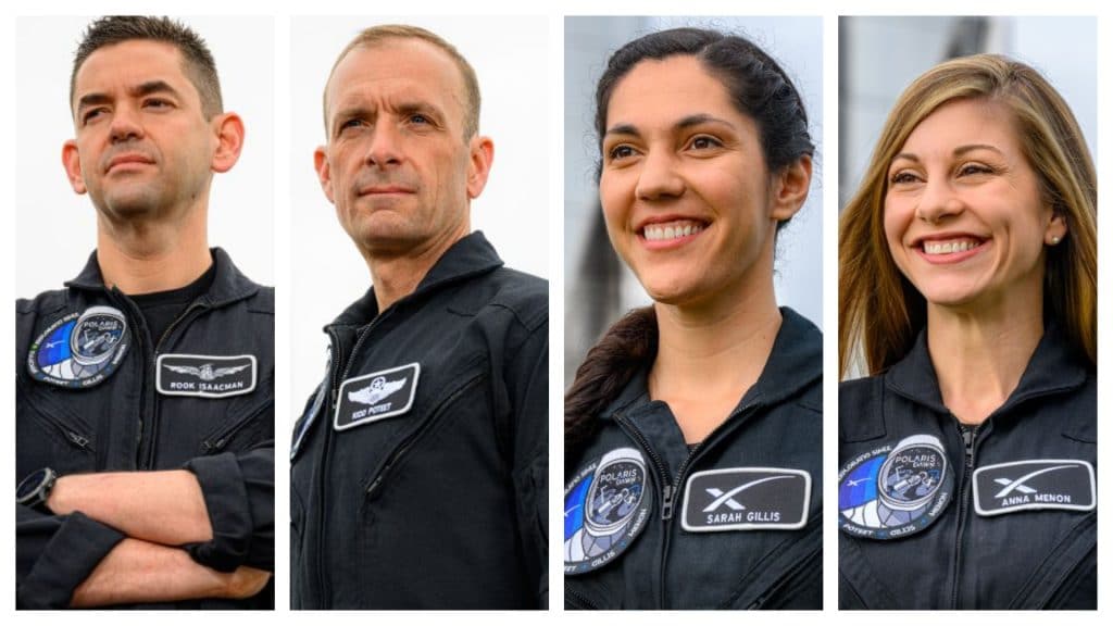 Montagem com os quatro membros da missão Polaris Dawn, da esquerda para a direita: Jared Isaacman, Scott Poteet, Sarah Gillis e Anna Mennon