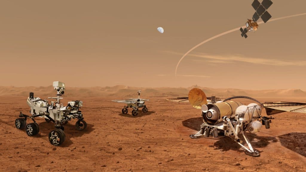 Ilustração dos veiculos que compõem a missão "Mars Sample Return" (MSR)