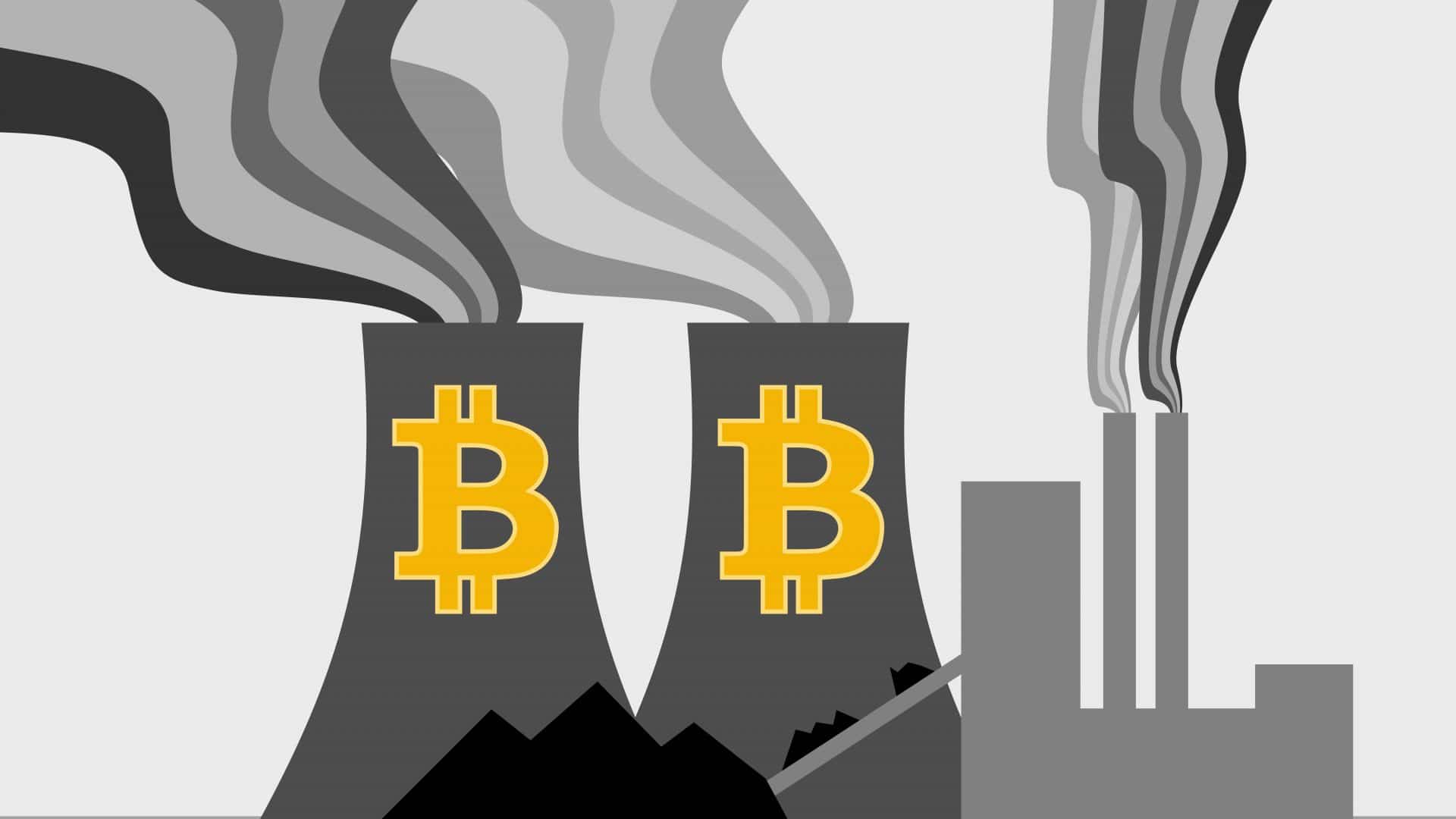 Usina de carvão com ilustração de torres de resfriamento de bitcoin, mineração de bitcoin usando combustíveis fósseis criando aumento na poluição e acelerando as mudanças climáticas