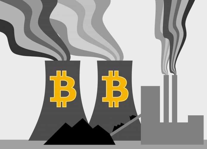 Usina de carvão com ilustração de torres de resfriamento de bitcoin, mineração de bitcoin usando combustíveis fósseis criando aumento na poluição e acelerando as mudanças climáticas