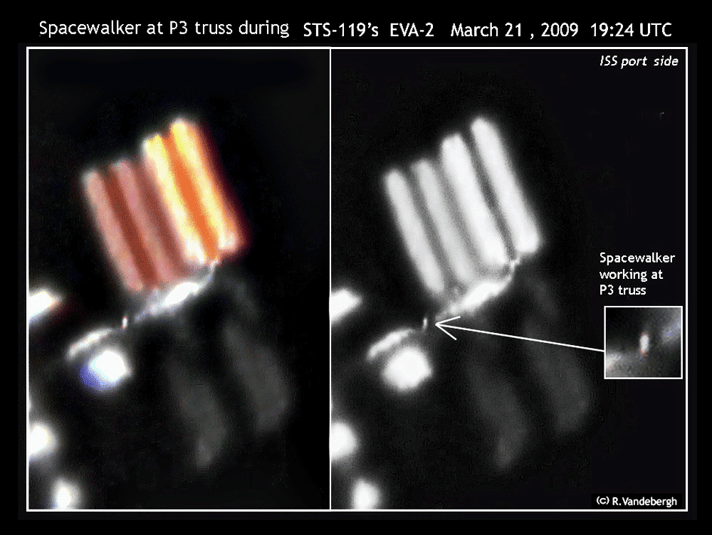 A pilha de pixels borrados destacada na imagem é, na verdade, o astronauta Joseph Acaba durante uma atividade extraveicular realizada em 21 de março de 2009 e registrada através de um telescópio na Holanda