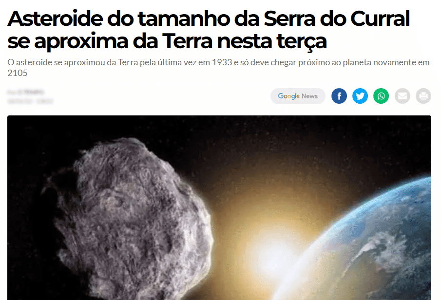 Tamanho do asteroide comparado à Serra do Curral