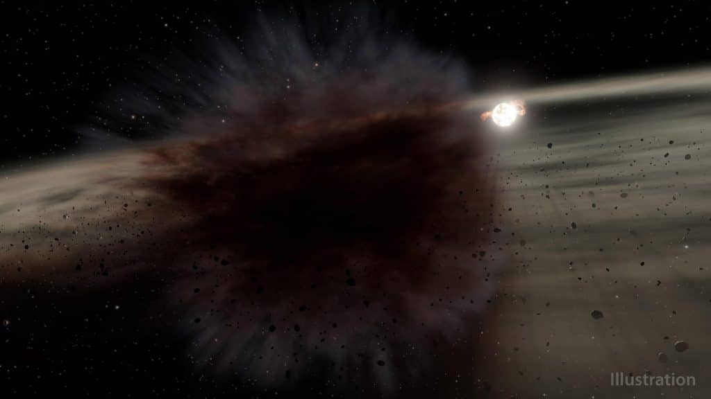 Ilustração da NASA mostra como a nuvem criada a partir do choque de dois asteroides do tamanho de planetas bloqueou a luz de uma estrela em um sistema distante