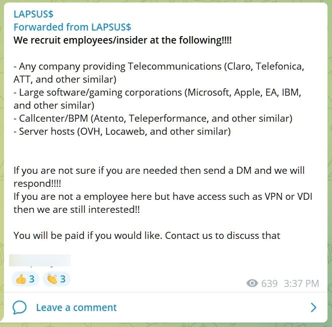 Captura de tela mostra aviso de recrutamento do grupo Lapsus$