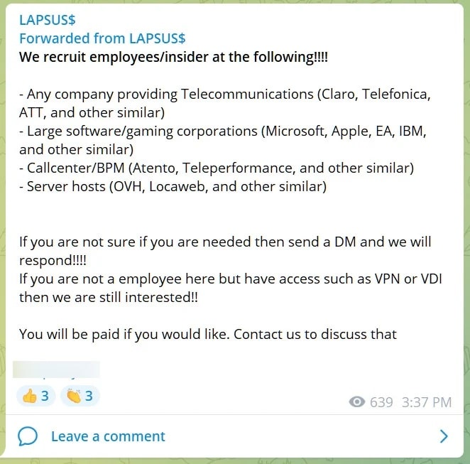 Captura de tela mostra aviso de recrutamento do grupo Lapsus$