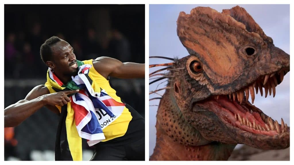 Montagem coloca o corredor Usain Bolt ao lado de  um dinossauro