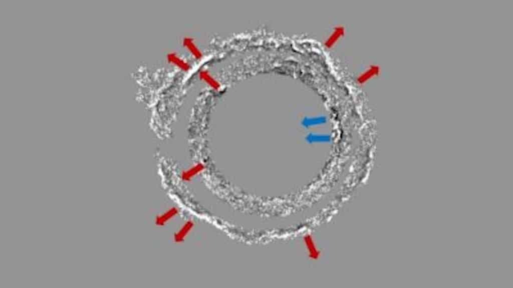 Imagem de raio-x tirada pelo Observatório Chandra mostra que onda de choque de uma supernova próxima da Terra segue em duas direções distintas, intrigando especialistas