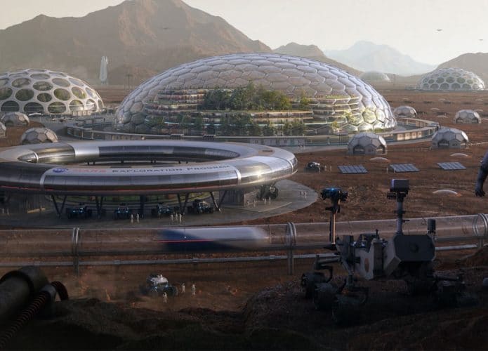 Entre as Montanhas Vermelhas, concepção artística representando uma colônia em Marte - Imagem HP Mars Home Planet