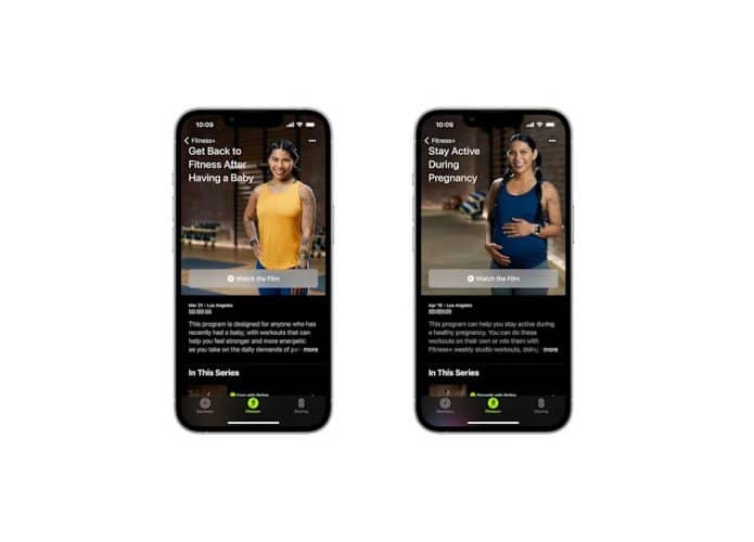 Telas dos vídeos do Fitness+ de treino pós parto