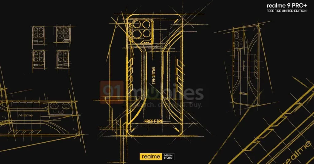 Suposto Realme 9 Pro+ em versão Free Fire (Imagem: reprodução/91Mobiles)