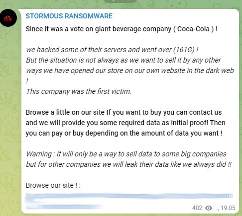 Anúncio do grupo Stormous contra a Coca-Cola no Telegram