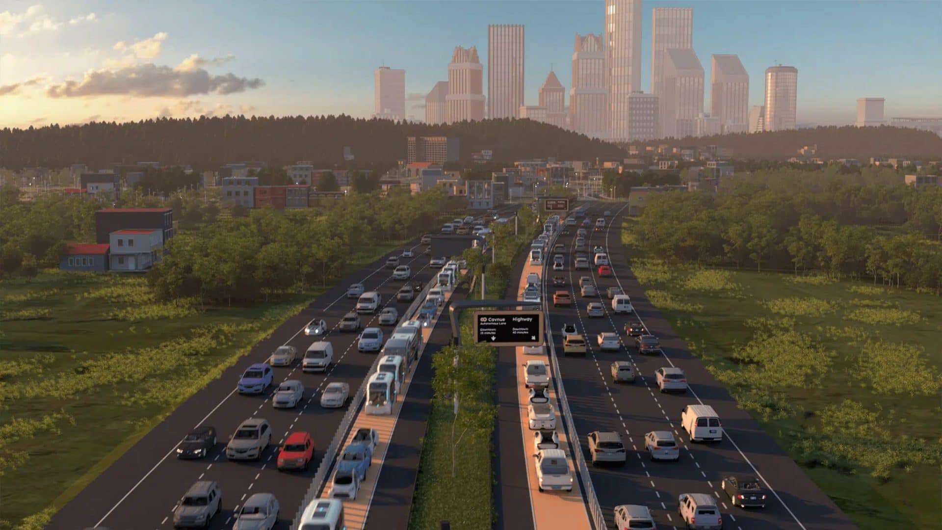 Ilustração da Cavnue de trecho exclusivo em rodovia com corredor dedicado para veículos autônomos conectados