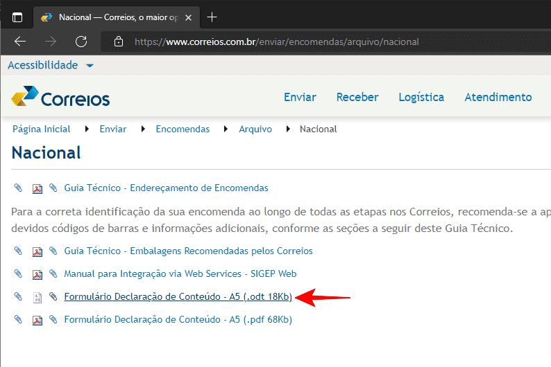 Como baixar a declaração de conteúdo dos Correios.