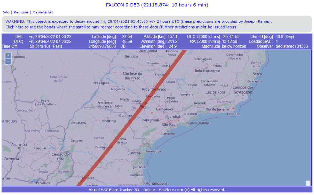 Trajetória estimada do lixo espacial que passou por São Paulo e mais dois estados do Sul brasileiro