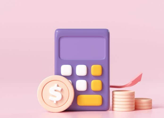 Conceito de ícone financeiro. gestão de dinheiro, planejamento financeiro, cálculo de risco financeiro, calculadora com pilha de moedas e gráfico em fundo rosa.