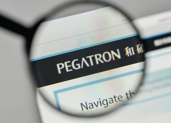 Logo da taiwanesa Pegatron. uma das responsáveis pela fabricação de iPhones na China.