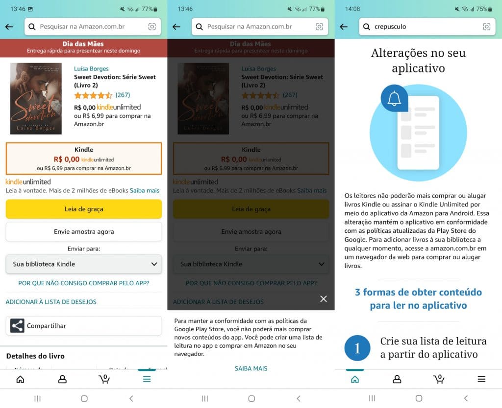 App Amazon com livro Kindle no Android (Imagem: reprodução)