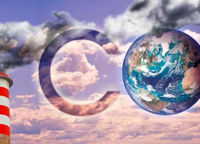 Chaminé emitindo fumaça; ao lado, a escrita CO2, com o planeta Terra sendo utilizada como a letra O