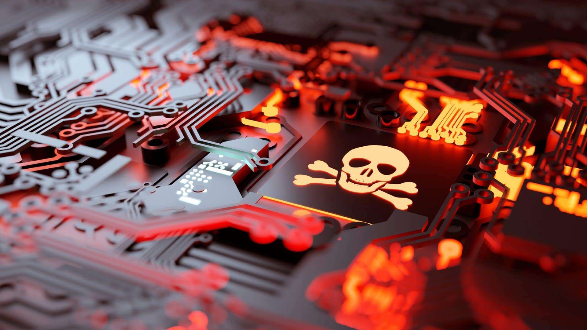 Ilustração de um sistema corrompido (com uma imagem de caveiria em um processador) remetendo a um ataque ransomware