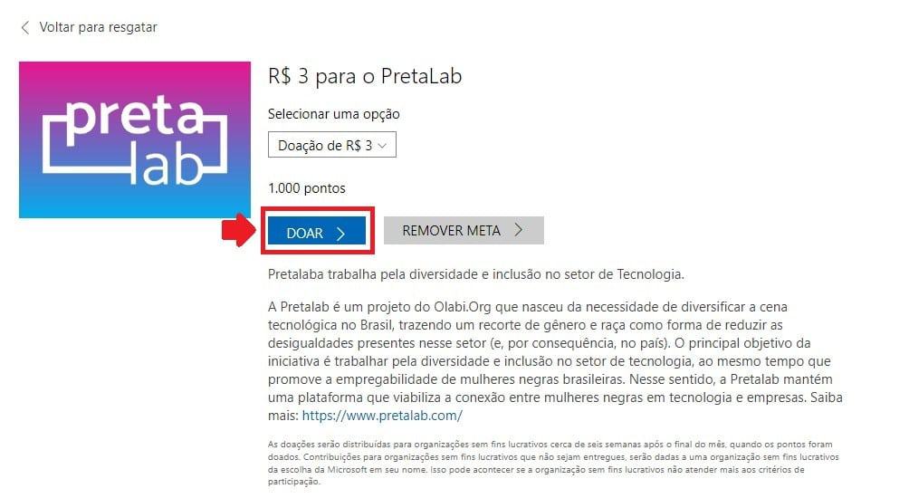 Como doar no Microsoft Rewards - Passo 2