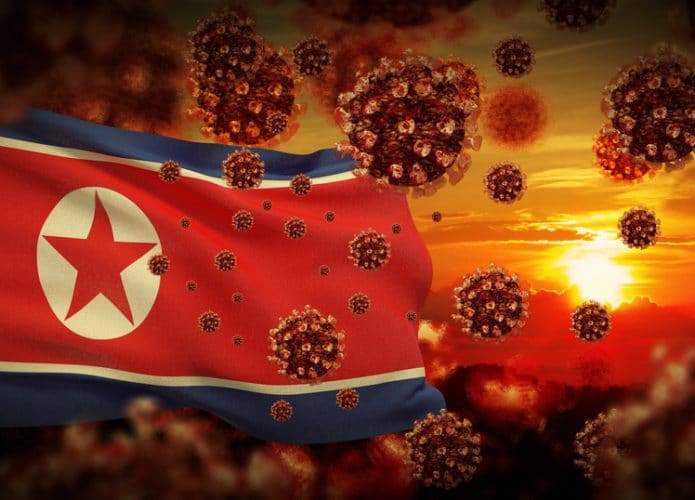Ilustração da bandeira da Coreia do Norte com o SARS-CoV-2
