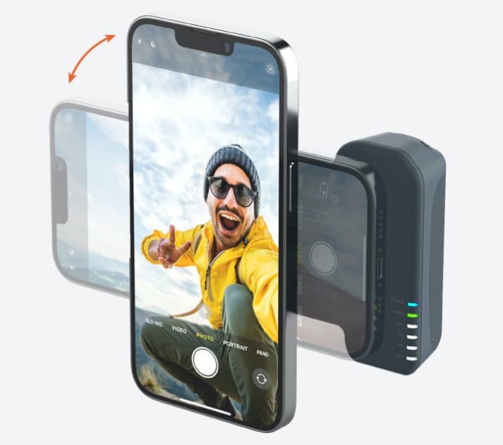 SnapGrip pode ser usado na vertical ou horizontal, tanto como botão disparador ou como suporte