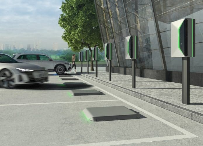 Ilustração de carros elétricos chegando para serem carregados por dispositivos de carregamento sem fio