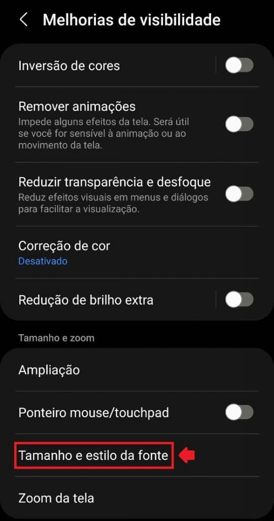 Como aumentar o tamanho da fonte no celular - Passo 4