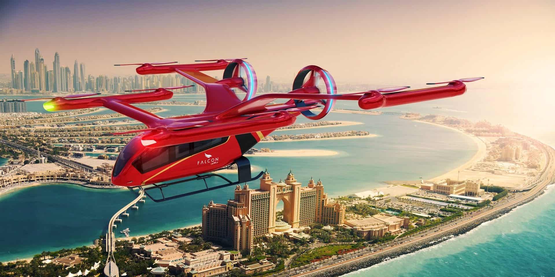 Ilustração de um eVTOL sobre a parceria entre a Eve Air Mobility, subsidiária da Embraer, com a Falcon, para introdução de voos turísticos desses modelos em Dubai