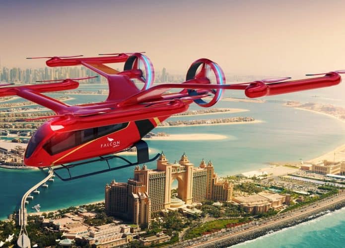 Ilustração de um eVTOL sobre a parceria entre a Eve Air Mobility, subsidiária da Embraer, com a Falcon, para introdução de voos turísticos desses modelos em Dubai